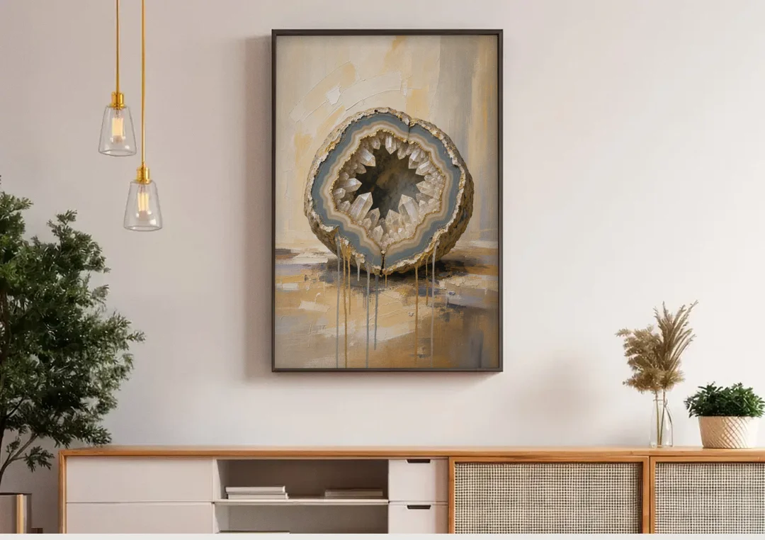 Geode Wall Art with Gold Rimmed Crystal Heart canvas wall art above a wooden sideboard under pendant lights