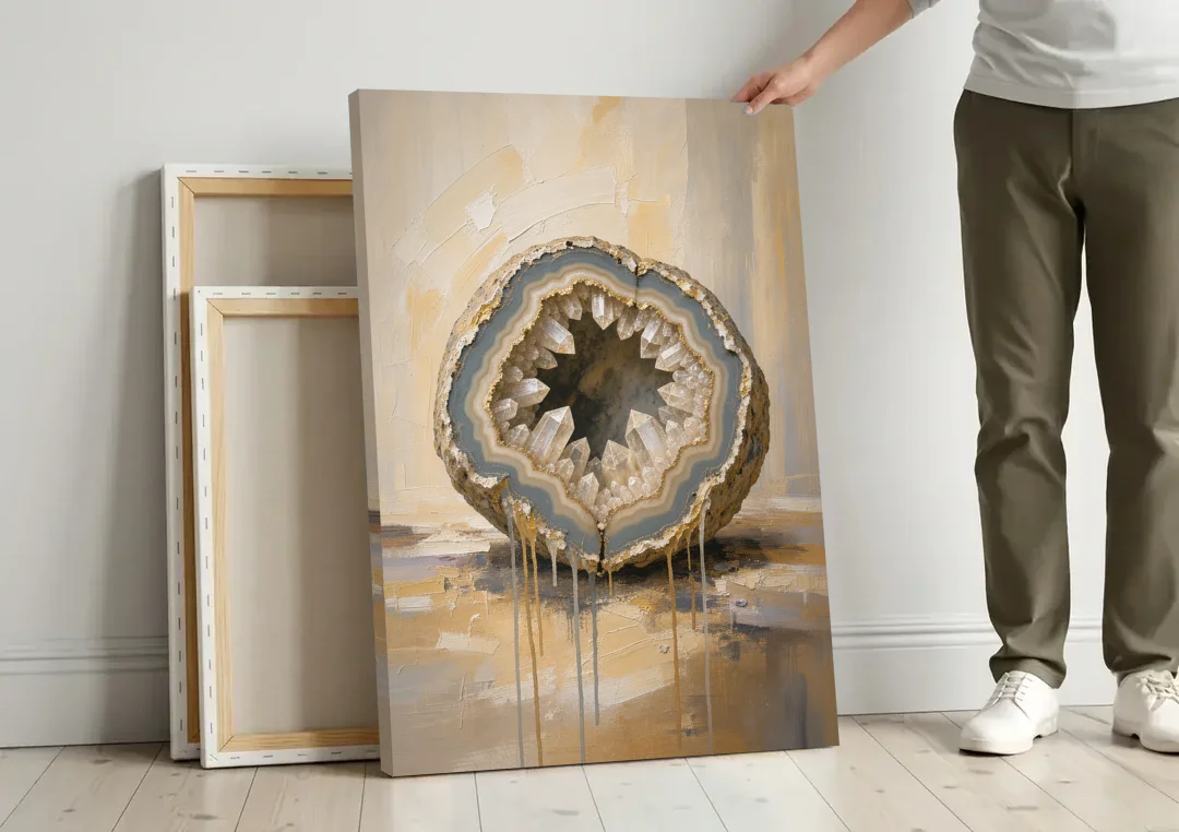 Geode Wall Art with Gold Rimmed Crystal Heart canvas wall art leaning against a wall next to blank canvases