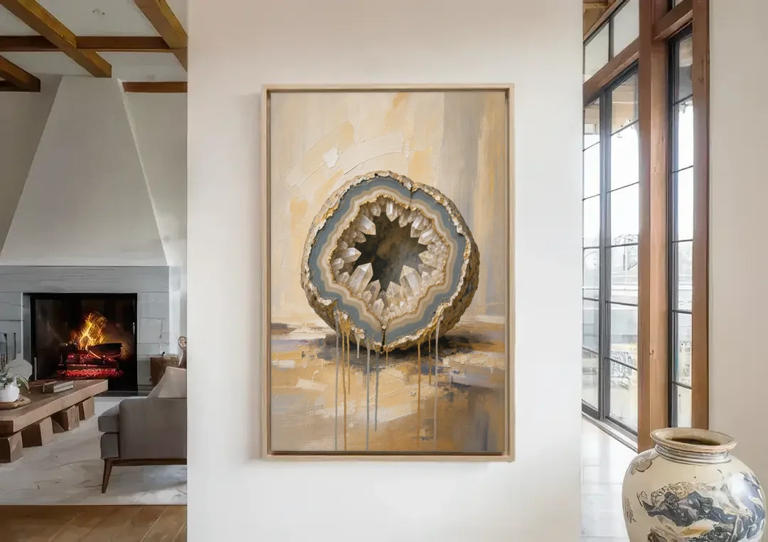 Geode Wall Art with Gold Rimmed Crystal Heart canvas wall art in a living room with a fireplace