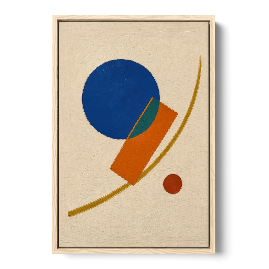 Geometric Abstract Art with Cobalt Sun and Tail Fin - Oak Framed Canvas Wall Art - Front