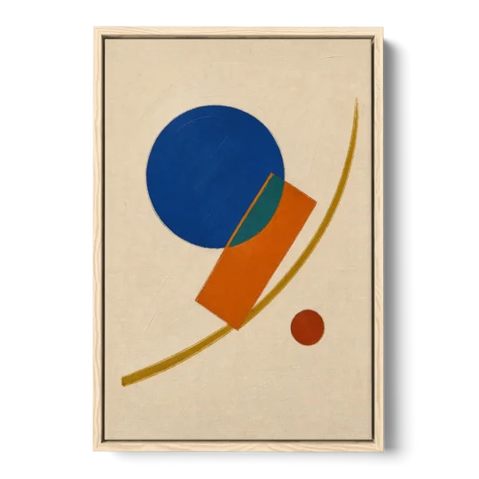Geometric Abstract Art with Cobalt Sun and Tail Fin - Oak Framed Canvas Wall Art - Front