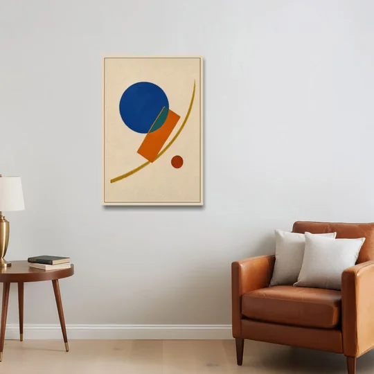 Geometric Abstract Art with Cobalt Sun and Tail Fin - Oak Framed Canvas Wall Art - Sofa - 24x36