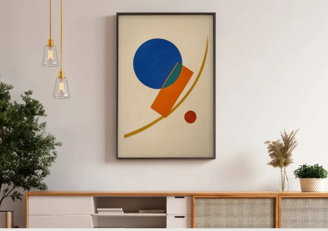 Geometric Abstract Art with Cobalt Sun and Tail Fin canvas wall art above a wooden sideboard under pendant lights