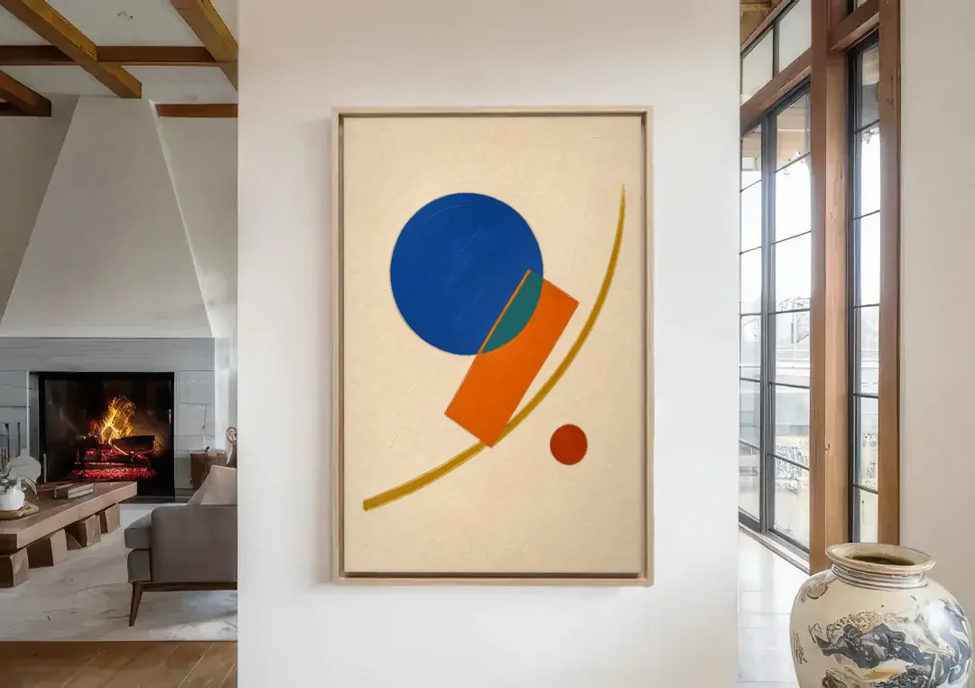 Geometric Abstract Art with Cobalt Sun and Tail Fin canvas wall art in a living room with a fireplace