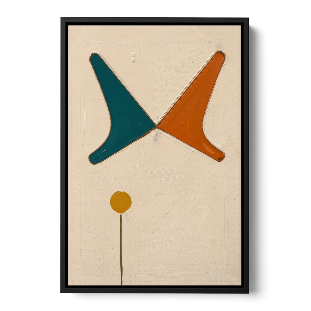 Geometric Abstract Painting of Crossed Teal and Orange Boomerangs - Black Framed Canvas Wall Art - Front