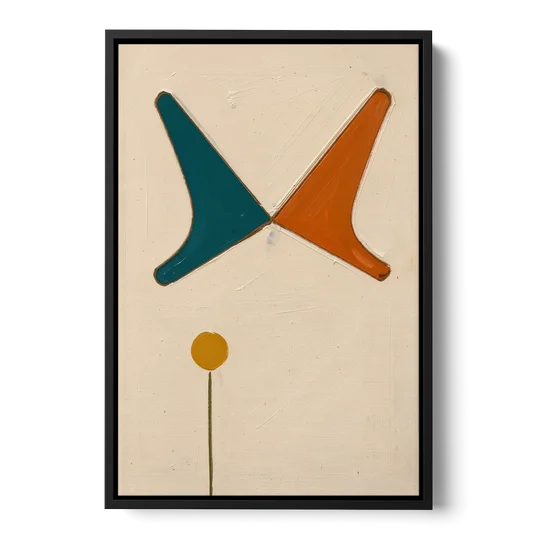 Geometric Abstract Painting of Crossed Teal and Orange Boomerangs - Black Framed Canvas Wall Art - Front
