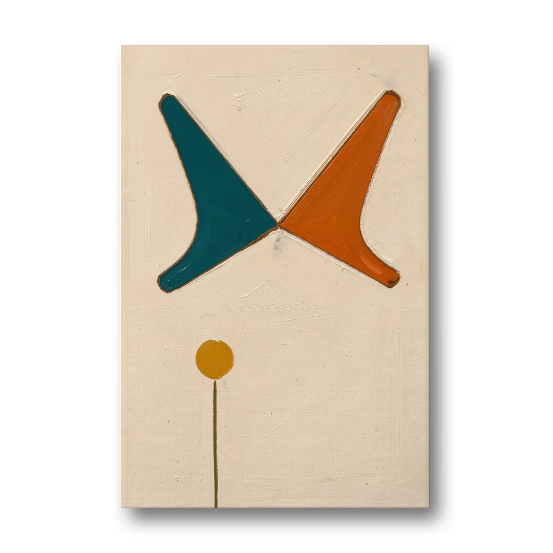Geometric Abstract Painting of Crossed Teal and Orange Boomerangs - Canvas Wall Art - Front