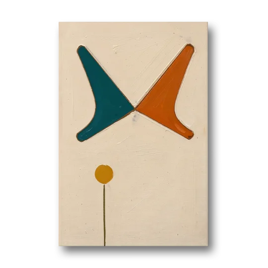 Geometric Abstract Painting of Crossed Teal and Orange Boomerangs - Canvas Wall Art - Front