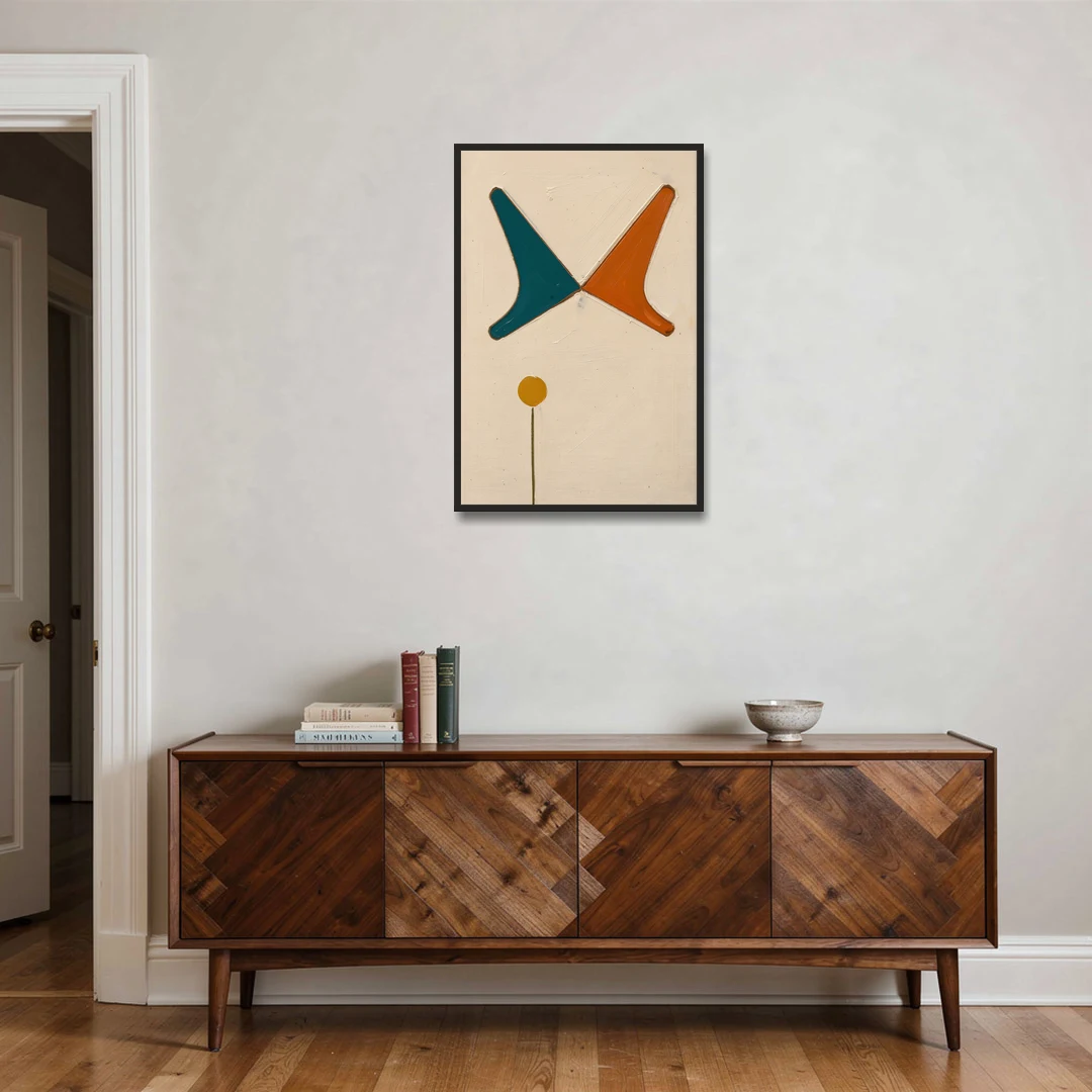 Geometric Abstract Painting of Crossed Teal and Orange Boomerangs - Black Framed Canvas Wall Art - Coffee Table - 24x36