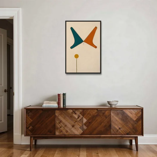 Geometric Abstract Painting of Crossed Teal and Orange Boomerangs - Black Framed Canvas Wall Art - Coffee Table - 24x36