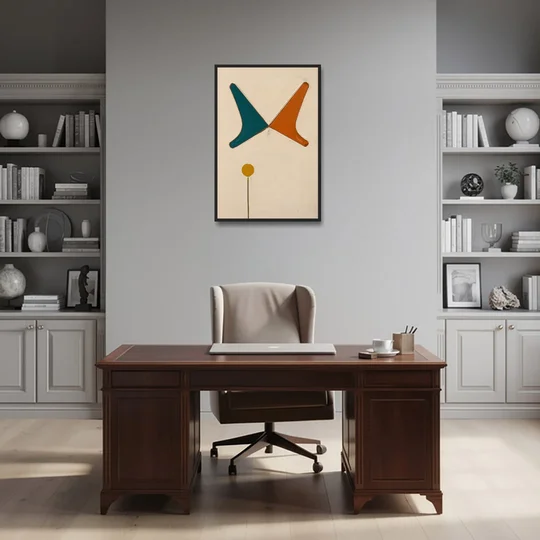 Geometric Abstract Painting of Crossed Teal and Orange Boomerangs - Black Framed Canvas Wall Art - Office - 24x36