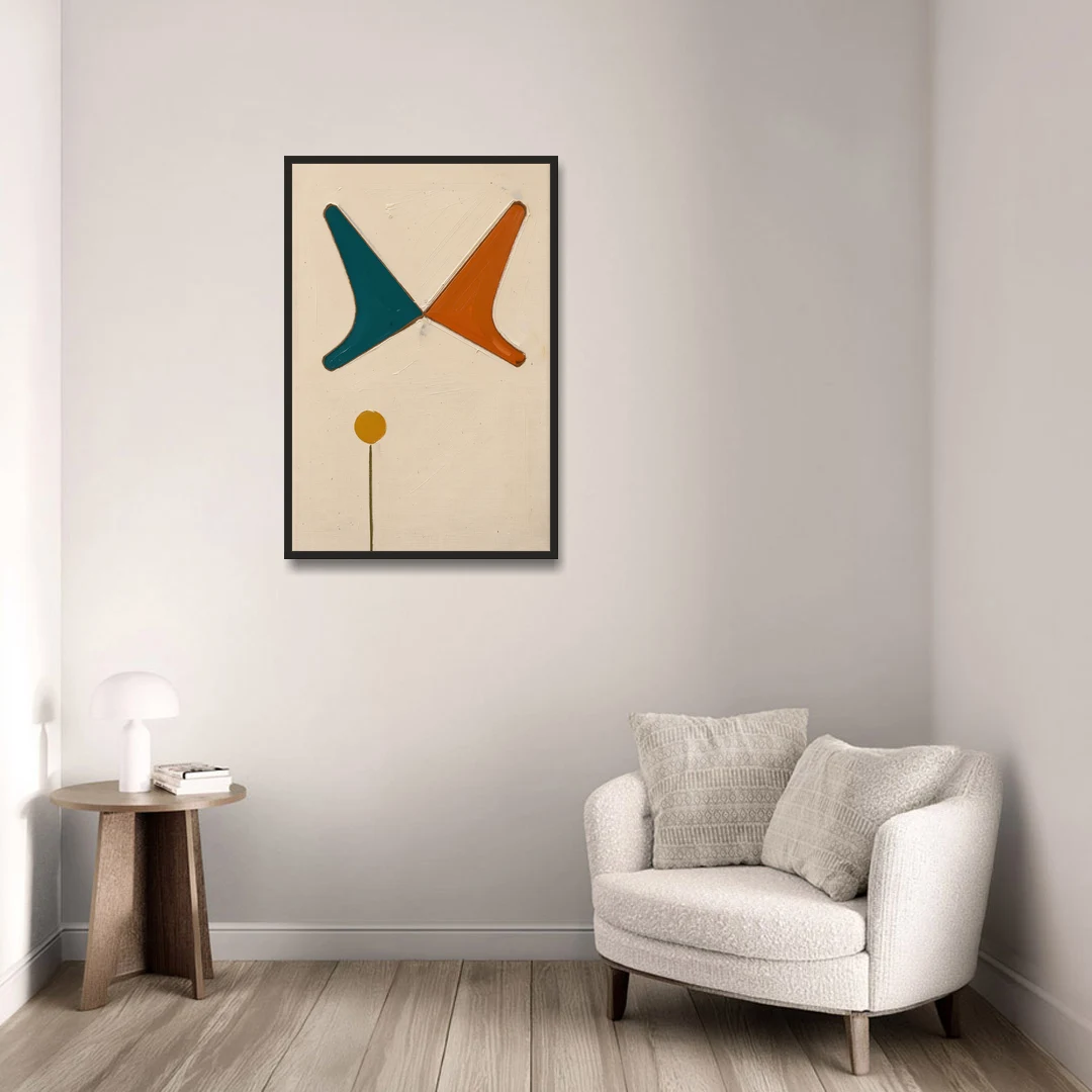 Geometric Abstract Painting of Crossed Teal and Orange Boomerangs - Black Framed Canvas Wall Art - Sofa - 24x36