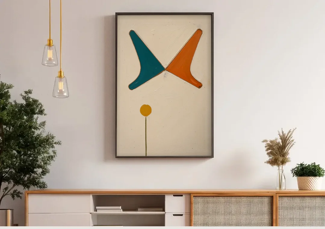 Geometric Abstract Painting of Crossed Teal and Orange Boomerangs canvas wall art above a wooden sideboard under pendant lights