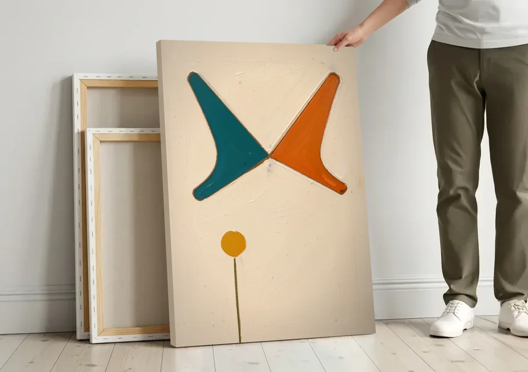 Geometric Abstract Painting of Crossed Teal and Orange Boomerangs canvas wall art leaning against a wall next to blank canvases