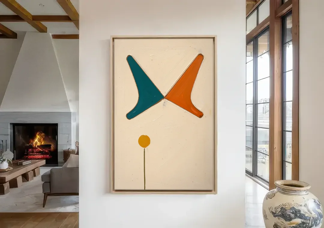 Geometric Abstract Painting of Crossed Teal and Orange Boomerangs canvas wall art in a living room with a fireplace