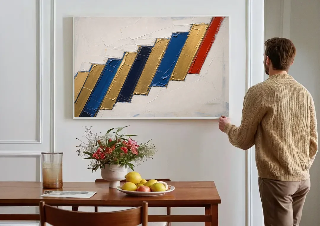 Geometric Abstract Wall Art in Cobalt and Gold Steps canvas wall art above a dining table