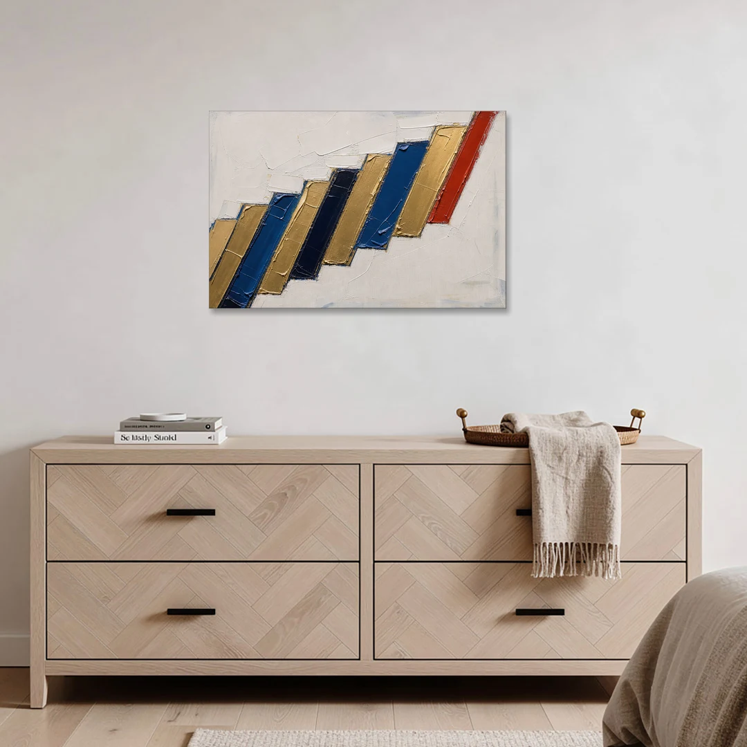 Geometric Abstract Wall Art in Cobalt and Gold Steps - Canvas Wall Art - Coffee Table - 36x24