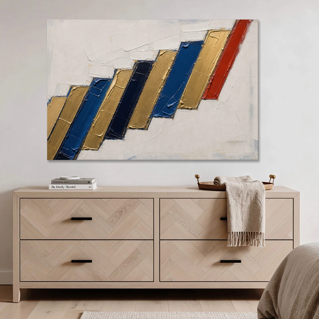 Geometric Abstract Wall Art in Cobalt and Gold Steps - Canvas Wall Art - Coffee Table - 60x40