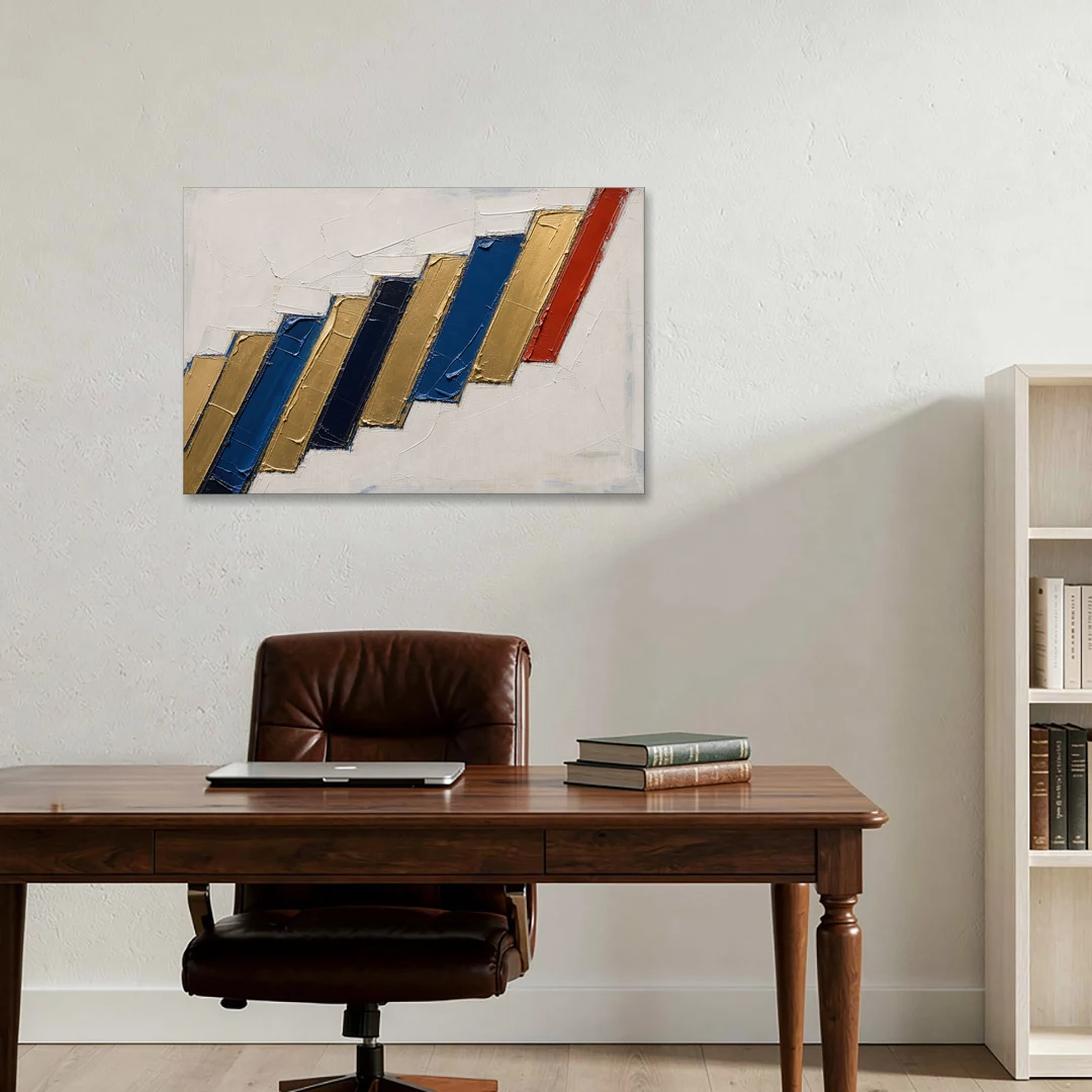 Geometric Abstract Wall Art in Cobalt and Gold Steps - Canvas Wall Art - Office - 36x24
