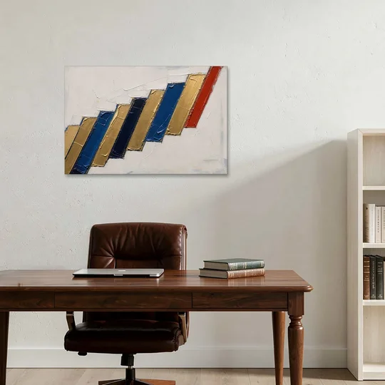 Geometric Abstract Wall Art in Cobalt and Gold Steps - Canvas Wall Art - Office - 36x24