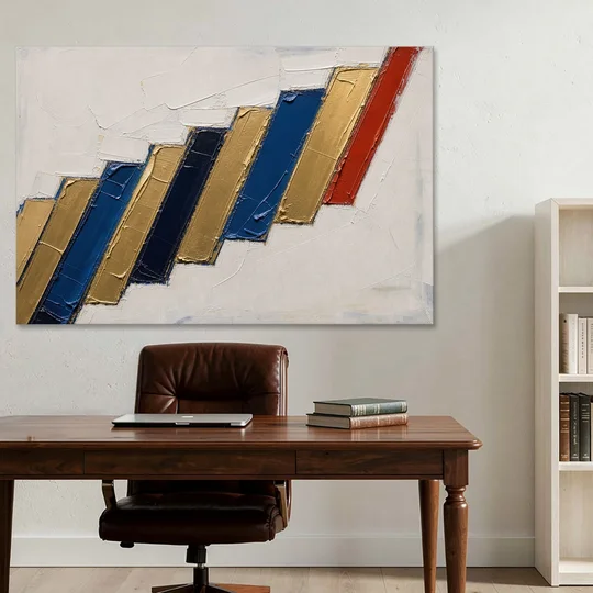 Geometric Abstract Wall Art in Cobalt and Gold Steps - Canvas Wall Art - Office - 60x40