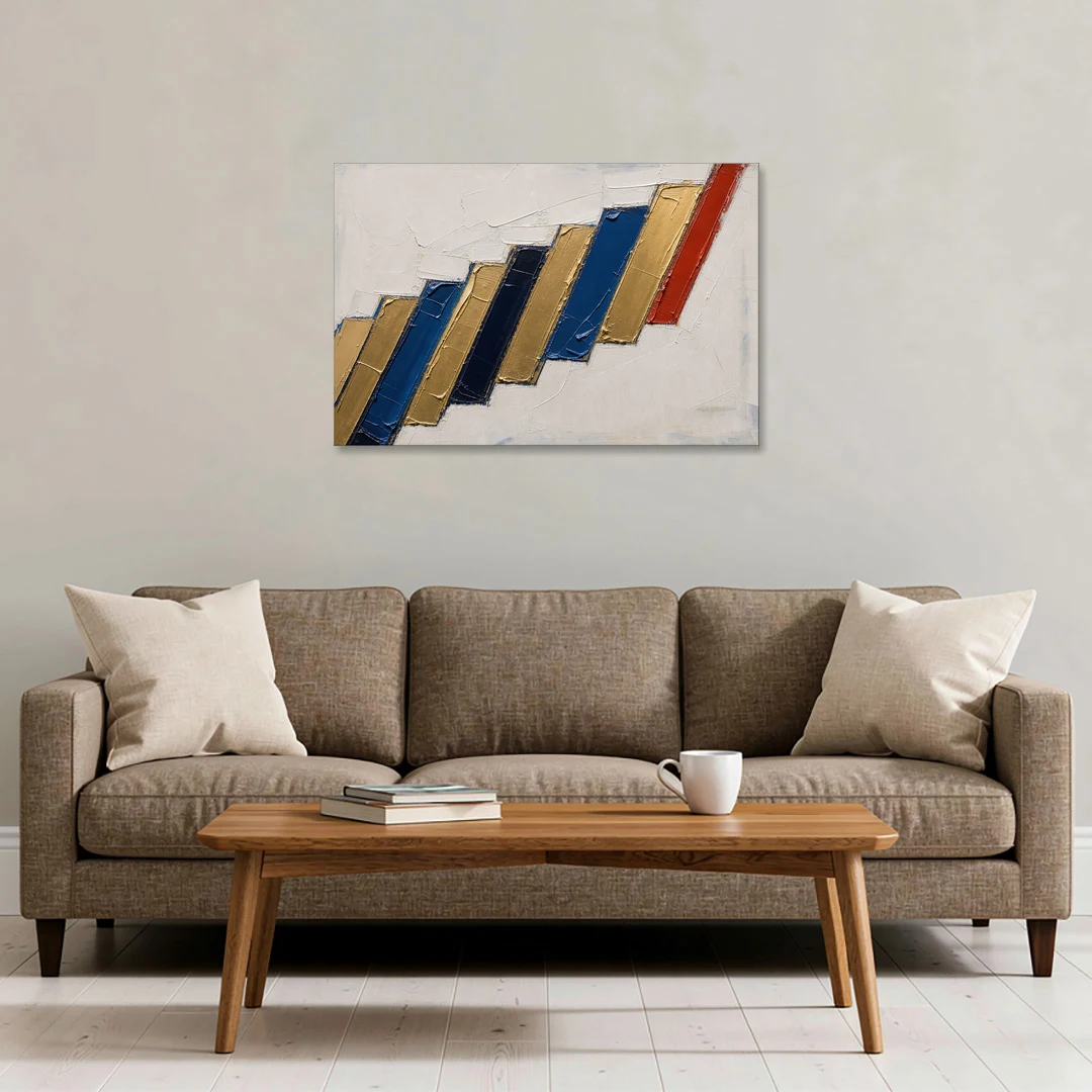 Geometric Abstract Wall Art in Cobalt and Gold Steps - Canvas Wall Art - Sofa - 36x24