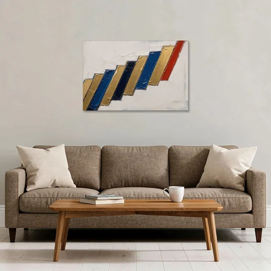 Geometric Abstract Wall Art in Cobalt and Gold Steps - Canvas Wall Art - Sofa - 36x24
