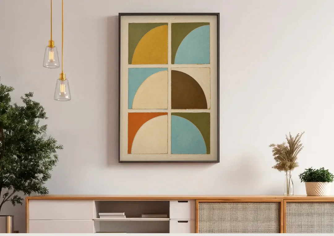 Geometric Art Prints of Six Turning Quarter Circles canvas wall art above a wooden sideboard under pendant lights
