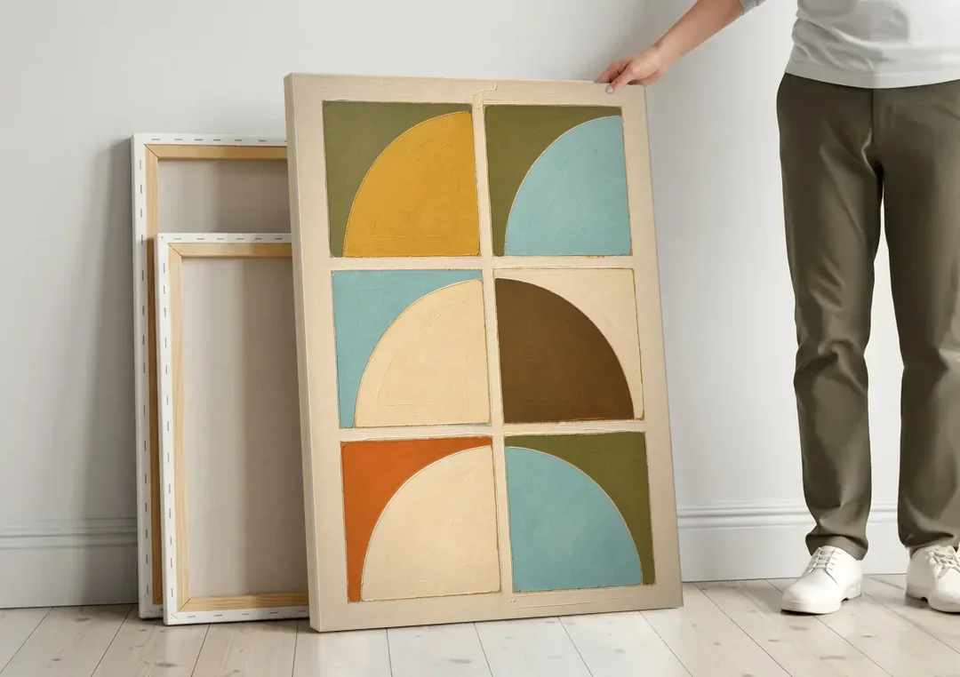 Geometric Art Prints of Six Turning Quarter Circles canvas wall art leaning against a wall next to blank canvases