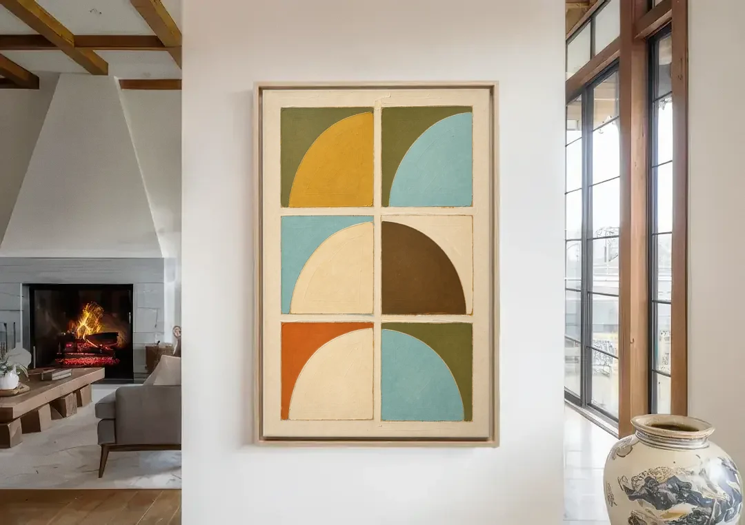 Geometric Art Prints of Six Turning Quarter Circles canvas wall art in a living room with a fireplace