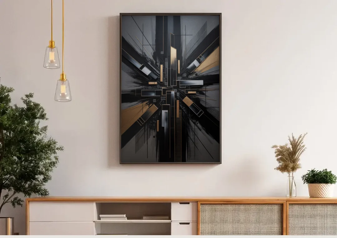Geometric Cityscape Black Abstract canvas wall art above a wooden sideboard under pendant lights