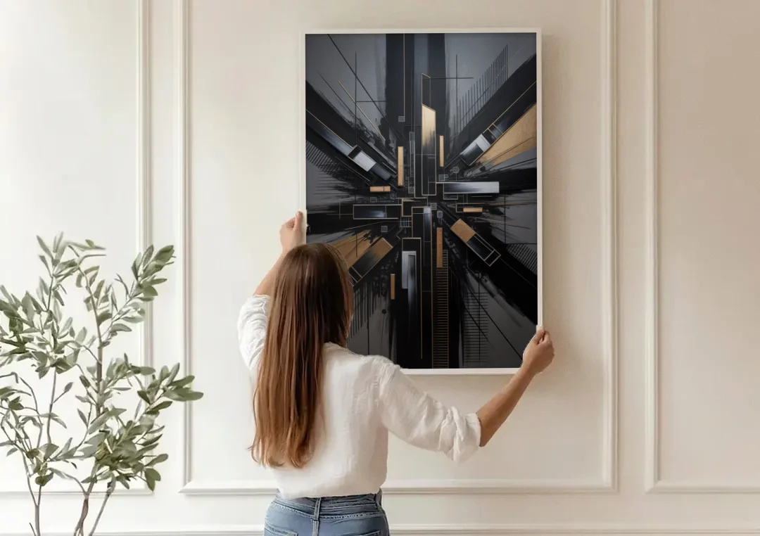 Geometric Cityscape Black Abstract canvas wall art being hung on a paneled wall