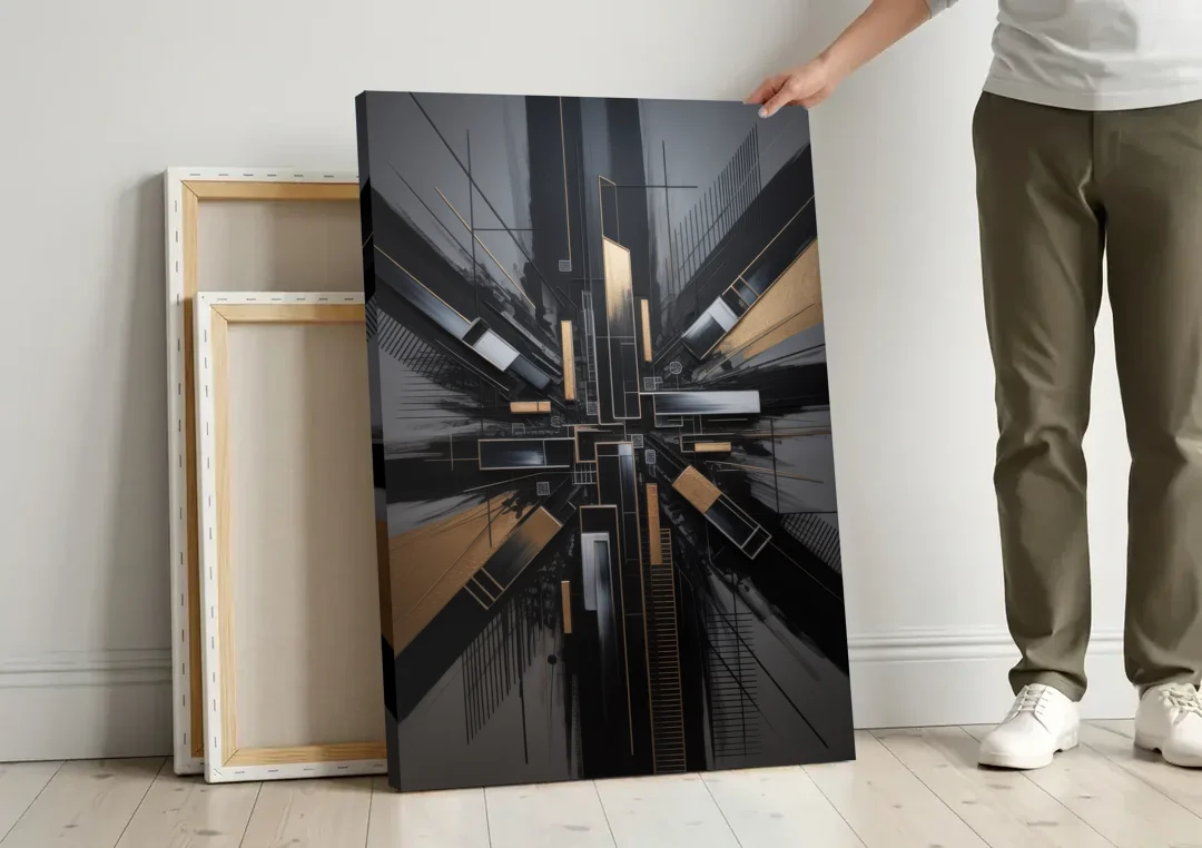 Geometric Cityscape Black Abstract canvas wall art leaning against a wall next to blank canvases