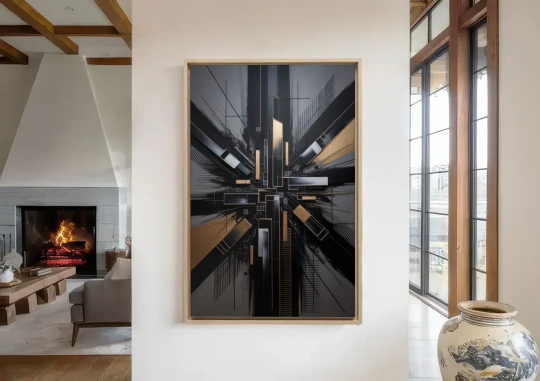 Geometric Cityscape Black Abstract canvas wall art in a living room with a fireplace