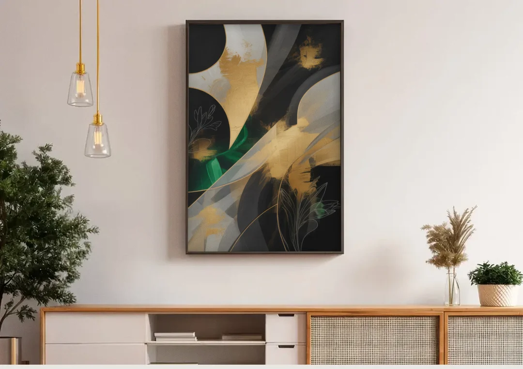 Geometric Elegance Black and Gold Abstract canvas wall art above a wooden sideboard under pendant lights