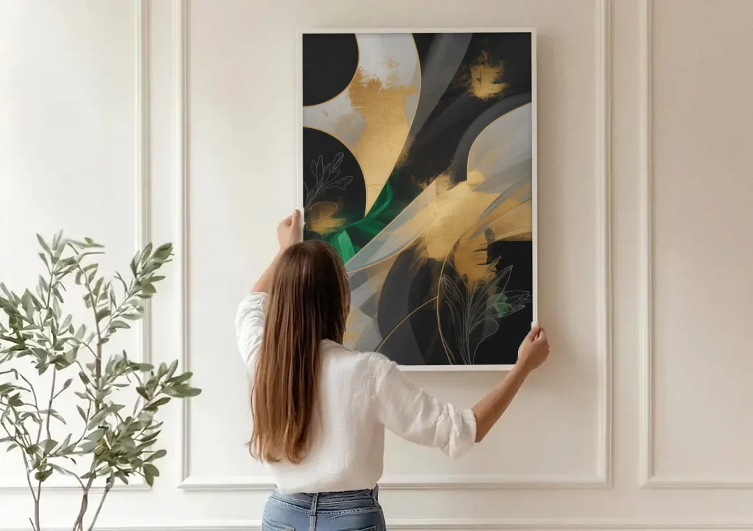 Geometric Elegance Black and Gold Abstract canvas wall art being hung on a paneled wall