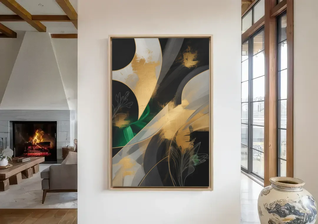 Geometric Elegance Black and Gold Abstract canvas wall art in a living room with a fireplace