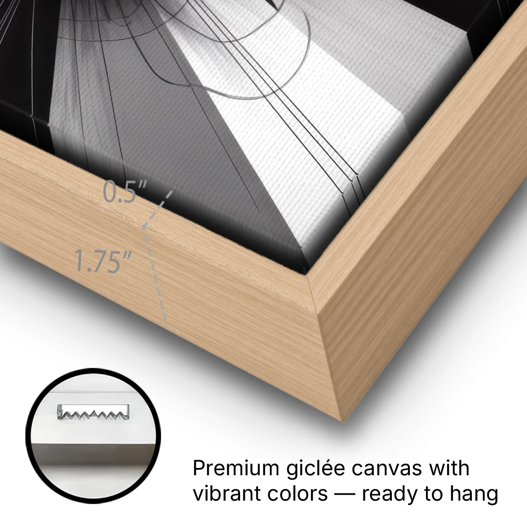Geometric Elegance in Black and White Abstract - Oak Framed Canvas Wall Art - Gallery Wrap Corner