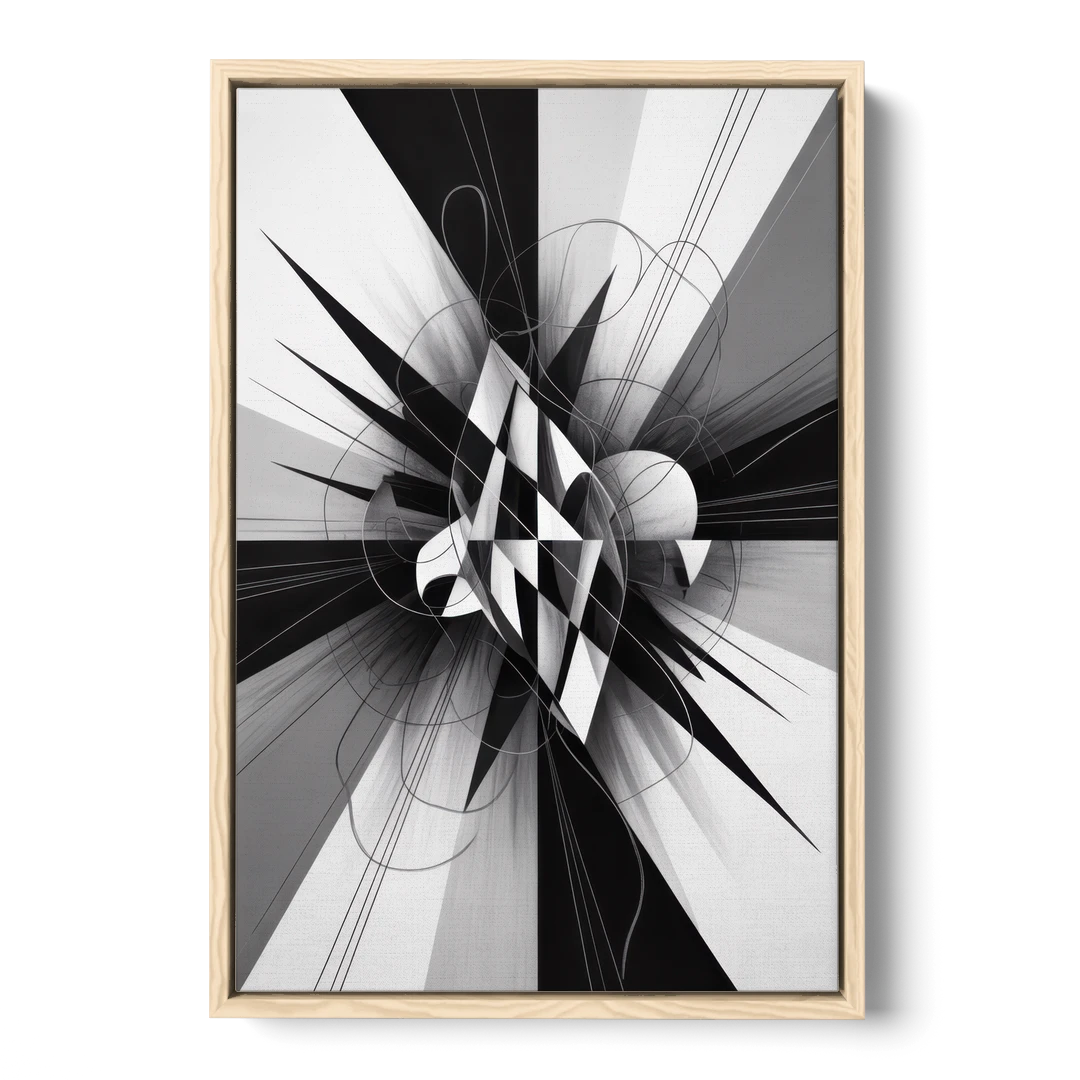 Geometric Elegance in Black and White Abstract - Oak Framed Canvas Wall Art - Front