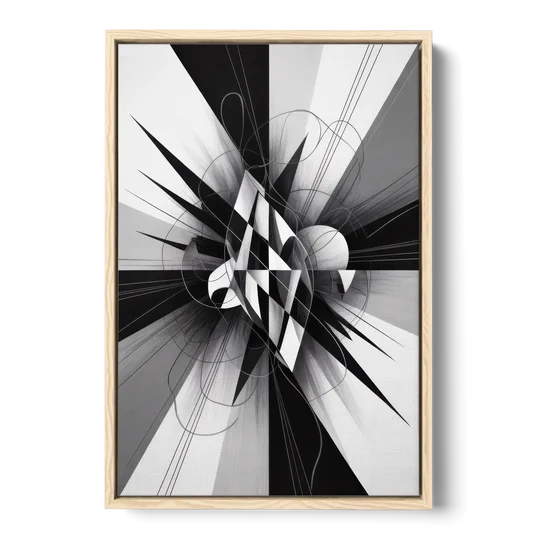 Geometric Elegance in Black and White Abstract - Oak Framed Canvas Wall Art - Front