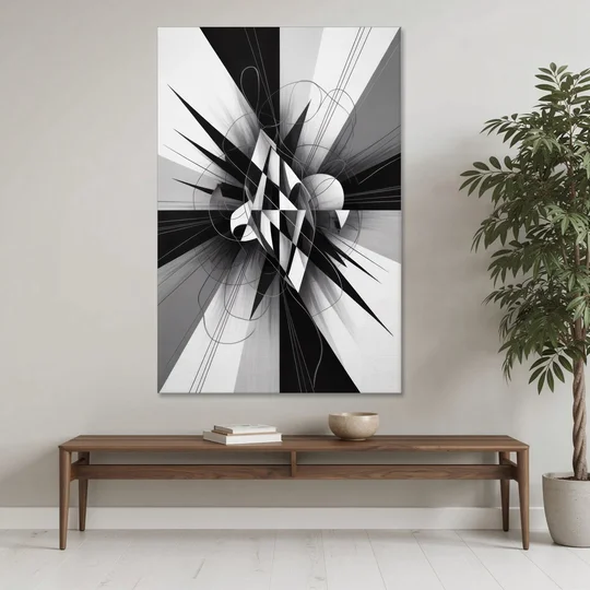 Geometric Elegance in Black and White Abstract - Canvas Wall Art - Coffee Table - 40x60