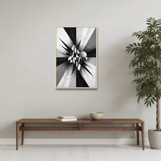 Geometric Elegance in Black and White Abstract - Oak Framed Canvas Wall Art - Coffee Table - 24x36