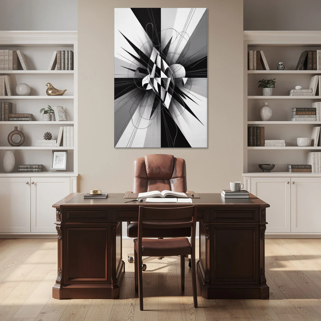 Geometric Elegance in Black and White Abstract - Canvas Wall Art - Office - 40x60