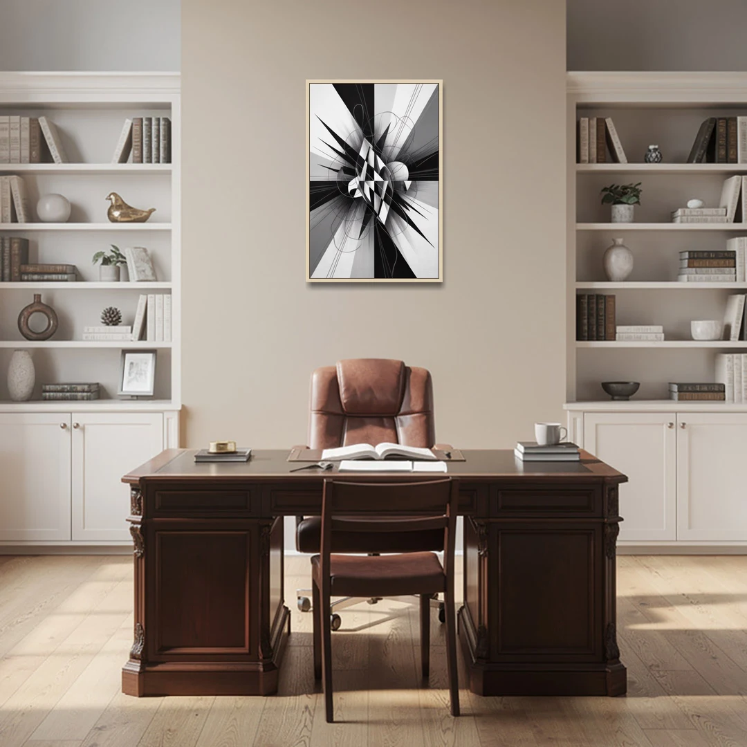 Geometric Elegance in Black and White Abstract - Oak Framed Canvas Wall Art - Office - 24x36