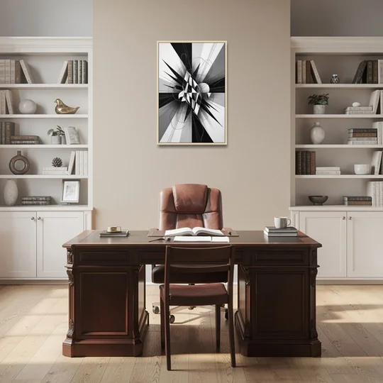 Geometric Elegance in Black and White Abstract - Oak Framed Canvas Wall Art - Office - 24x36