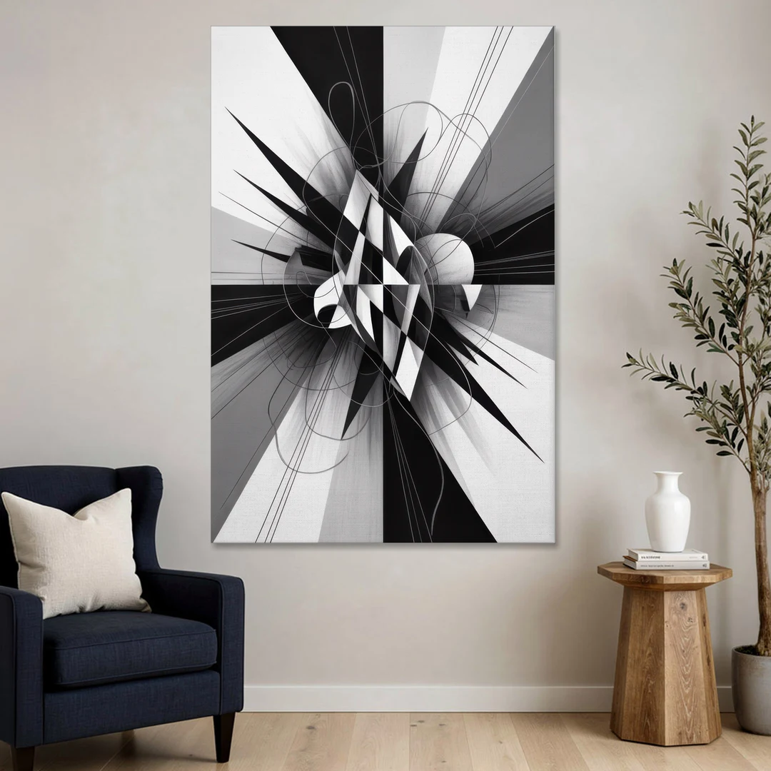 Geometric Elegance in Black and White Abstract - Canvas Wall Art - Sofa - 40x60