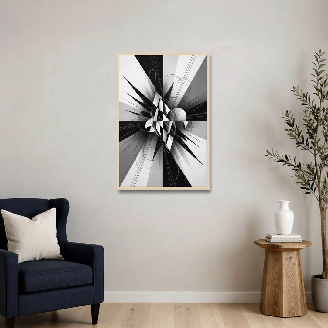 Geometric Elegance in Black and White Abstract - Oak Framed Canvas Wall Art - Sofa - 24x36