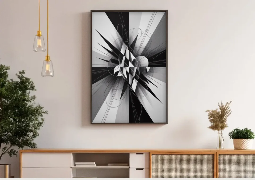 Geometric Elegance in Black and White Abstract canvas wall art above a wooden sideboard under pendant lights