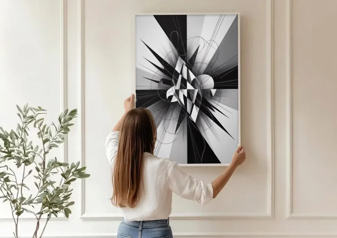 Geometric Elegance in Black and White Abstract canvas wall art being hung on a paneled wall