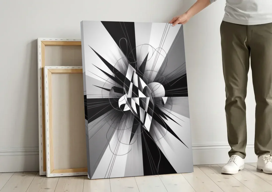 Geometric Elegance in Black and White Abstract canvas wall art leaning against a wall next to blank canvases